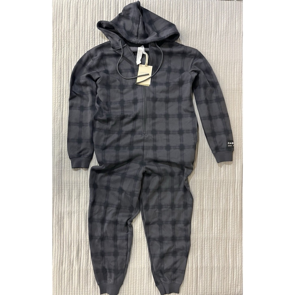 Fabletics Luxe Fleeced Hooded One Piece Half Zip Dark Gray Plaid Unisex Size S